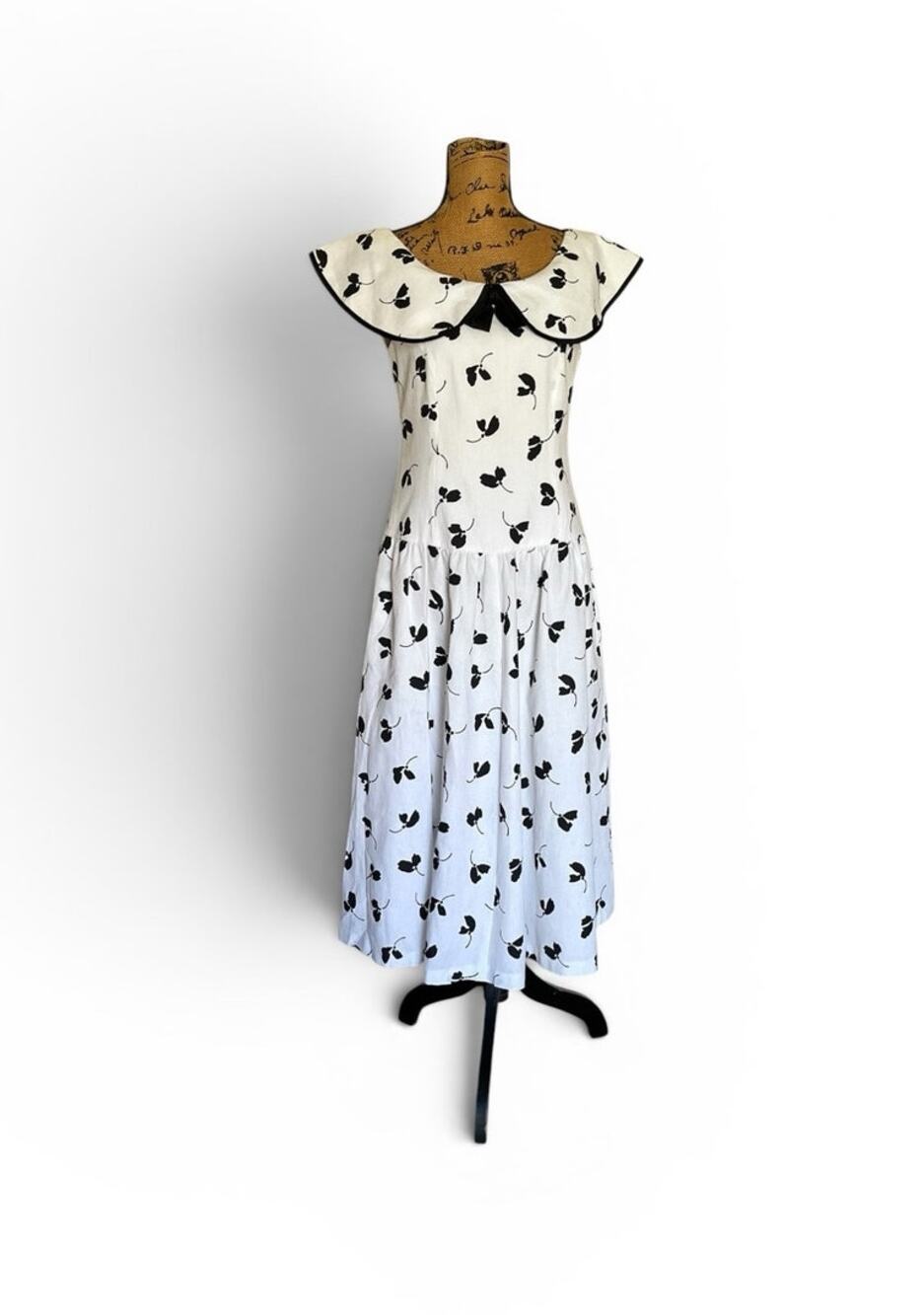 Vtg 80s Lanz Originals Black White Floral Sleeveless Drop Waist Dress Women’s 10